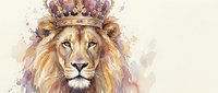 Majestic lion wearing ornate purple crown in watercolor style with splashes and artistic textures on light background for royal themed designs.