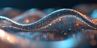 Abstract flowing wave of glowing particles in blue and orange colors with bokeh effect and reflection on dark background, creating magical atmosphere.