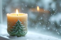 Glowing decorative candle with green pine tree design against snowy winter window background creates cozy holiday atmosphere for seasonal greetings and celebrations.
