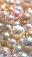 Lustrous pearls in soft cream, pink, and white tones with iridescent reflections, creating an elegant luxury jewelry background.