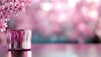 Pink cherry blossom branches with glass candle holder on reflective surface against soft bokeh background for spring decor and romantic ambiance.