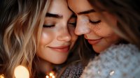 Young couple with closed eyes sharing intimate moment, woman with long wavy blonde hair and freckles, man with reddish-brown hair, warm bokeh lighting in background, romantic and tender embrace for relationship, love, and connection themes.