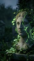Ancient stone statue covered with ivy vines in mysterious forest setting creates atmospheric mood for gothic and nature themes.