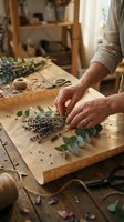 Adult male hands arranging dried lavender and eucalyptus stems on kraft paper at wooden workbench. Craft preparation for floral arrangements, herbal bundles, or dried flower crafting projects.