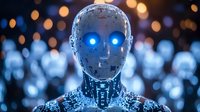 Futuristic android with glowing blue eyes against blurred background of multiple robots, representing artificial intelligence and machine learning advancement.