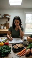 Young Hispanic woman planning healthy meals at kitchen table with fresh vegetables and notebook for nutrition tracking and diet organization.