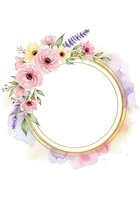 Watercolor floral wreath with pink roses, yellow blooms, and lavender sprigs arranged around a gold circular frame with soft pastel washes for invitations and designs.