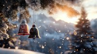 Festive Christmas bells hanging on snowy pine branch against blurred winter sunset background with bokeh lights and snowfall creating magical holiday atmosphere.