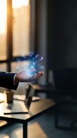 Businessman hand holding holographic digital network icons and data visualization in modern office environment for technology presentations.