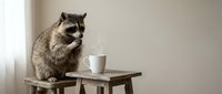 Curious raccoon sitting on wooden stool next to white coffee mug in minimalist indoor setting with natural lighting and neutral background.