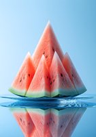 Fresh watermelon triangular slices arranged in pyramid shape with water reflection against blue background, summer fruit concept for healthy eating and refreshment.