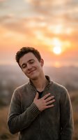 Young man with brown hair and fair complexion wearing a beige zip-up sweater, hand on chest with eyes closed, smiling peacefully against golden sunset sky and blurred landscape background.