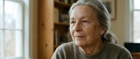 Senior woman with long gray hair and fair complexion, wearing a beige knit sweater, gazing thoughtfully to the side in a warm home interior with bookshelves and windows.