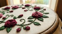 Embroidery hoop with burgundy roses and green leaves on white fabric, handmade needlework craft project for home decor and textile art enthusiasts.