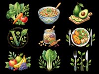 Watercolor vegan food clipart set with vegetables, fruits, bowl, avocado, legumes and greens, isolated on transparent background, ready for stickers, t-shirt design, print on demand.