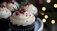 Chocolate cupcake topped with swirled vanilla buttercream frosting, fresh cranberries and pine sprigs against festive bokeh lights for winter holiday dessert.