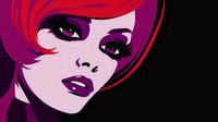 Stylized female portrait with vibrant red hair and purple tones against dark background, featuring dramatic makeup and bold artistic expression. Perfect for beauty and fashion designs.
