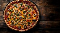 Homemade mushroom pizza with melted cheese and fresh herbs on rustic wooden table, overhead view of traditional Italian cuisine.