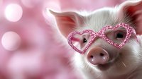 Adorable pink piglet wearing heart-shaped glittery glasses against soft pink bokeh background, creating whimsical and playful farm animal portrait.