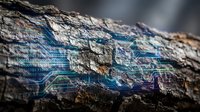 Glowing digital circuit overlay on rough tree bark, blending nature and technology in a futuristic concept of green computing and data.