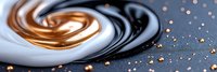Swirling metallic copper and black liquid textures create dramatic contrast with white cream, decorated with golden sparkles on dark background. Luxury cosmetics concept.
