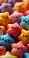 Colorful star-shaped candy characters with cute kawaii faces and sparkly sugar coating in vibrant pink, blue, yellow, and orange hues, macro photography showing texture details.