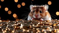 Curious hamster peeking over golden glitter surface against dark background with blurred bokeh lights creating magical holiday atmosphere.