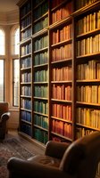 Elegant library interior with floor-to-ceiling wooden bookshelves filled with colorful vintage books, leather armchair and warm natural lighting from windows.