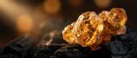Raw amber gemstone chunks on dark charcoal surface with warm golden lighting creating natural luxury mineral display for jewelry making and collection.