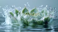 Fresh green leaves floating on water surface with dynamic splash and droplets creating crown-like formation in soft teal tones, macro photography.
