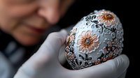 Decorative Easter egg with floral pattern in white, black and orange colors held in gloved hands. Close up view of traditional painted ornament.