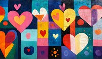 Colorful hearts pattern on geometric background with vibrant squares and circles in retro style. Abstract love symbols in pink, yellow, and blue create playful design.