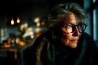 Senior Caucasian woman with glasses and green scarf in warm indoor lighting, contemplative expression, cozy home atmosphere for lifestyle content.