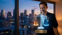 Middle-aged Caucasian businessman in suit holding glowing scales of justice in modern office with city skyline at sunset. Legal professional concept.