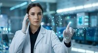Female scientist in white lab coat interacting with holographic digital interface in modern laboratory environment for technology and research concepts.