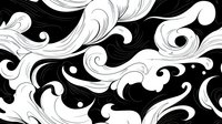 Elegant swirling white smoke pattern on black background with flowing curves and decorative flourishes creates dramatic contrast. Seamless repeat design for fabric and wallpaper.