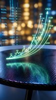 Holographic financial growth chart with upward trending arrows and data points floating above digital surface for business analytics and investment presentations.