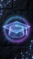 Futuristic neon graduation cap hologram with glowing network connections on dark stone wall for digital education and online learning concepts.