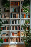 White bookshelf filled with vintage and modern books in various colors, framed by lush green indoor plants creating cozy home library atmosphere with natural light.