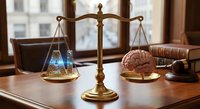 Brass scales of justice balancing digital technology and human brain on wooden desk in law office representing AI ethics and legal decision making.