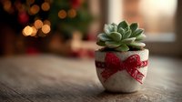 Green succulent plant in small decorative pot with red ribbon bow on wooden surface, festive bokeh lights in background.