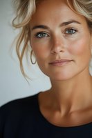 Close up portrait of young Caucasian woman with natural makeup, blue eyes, and blonde hair wearing black top against light background. Gentle smile shows confidence.