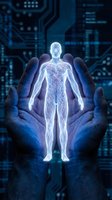 Digital human figure glowing in white light held in cupped hands against circuit board background, representing healthcare technology, medical innovation, and digital wellness solutions.
