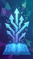 Digital knowledge tree with upward arrows emerging from open book on geometric blue background for education and technology concepts.