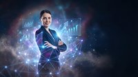 Professional businesswoman with crossed arms surrounded by glowing digital network connections and financial charts in futuristic technology space.
