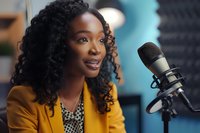 Young African American woman podcaster in yellow blazer speaking into professional microphone with curly hair and confident expression in recording studio.