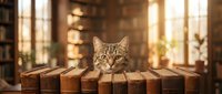 Adorable tabby kitten peeking over stack of old books in warm library setting with golden sunlight streaming through windows creating cozy reading atmosphere.