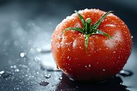 Fresh red tomato with water drops and green stem on dark background, dramatic lighting creates moody atmosphere for food photography and restaurant menus.