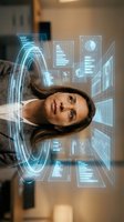Young professional woman interacting with futuristic holographic interface displaying data analytics and digital charts in modern office environment.