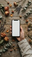 Hand holding smartphone with blank screen surrounded by dried roses, lavender and eucalyptus on rustic wooden background for mockup and design projects.